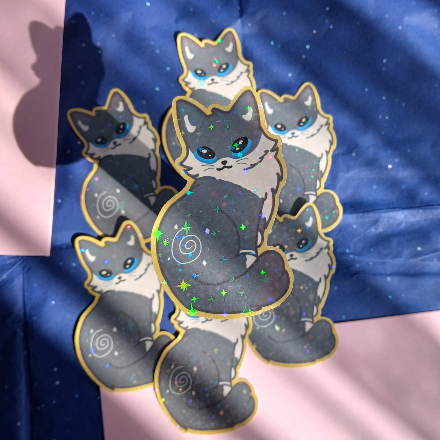 Swirly grey tuxedo cat 2" single sticker